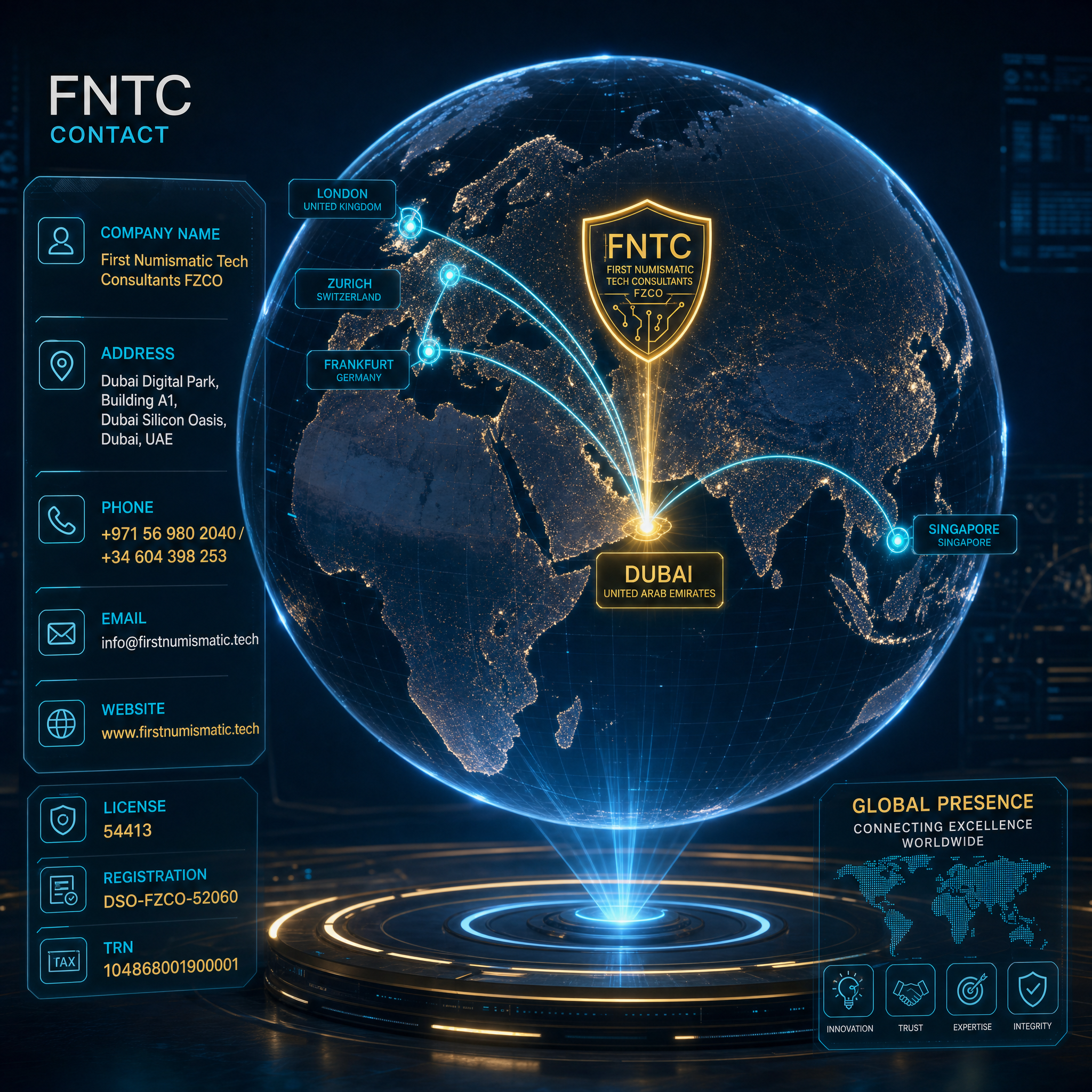 FNTC Global connections map covering London, Frankfurt, Zurich, Singapore, and Dubai Hub
